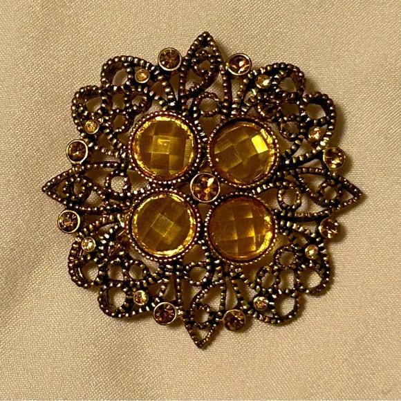 Premier Designs Jewelry - Premier Designs Daybreak Brooch/Pin Retired Antique Gold Tone Yellow Rhinestone